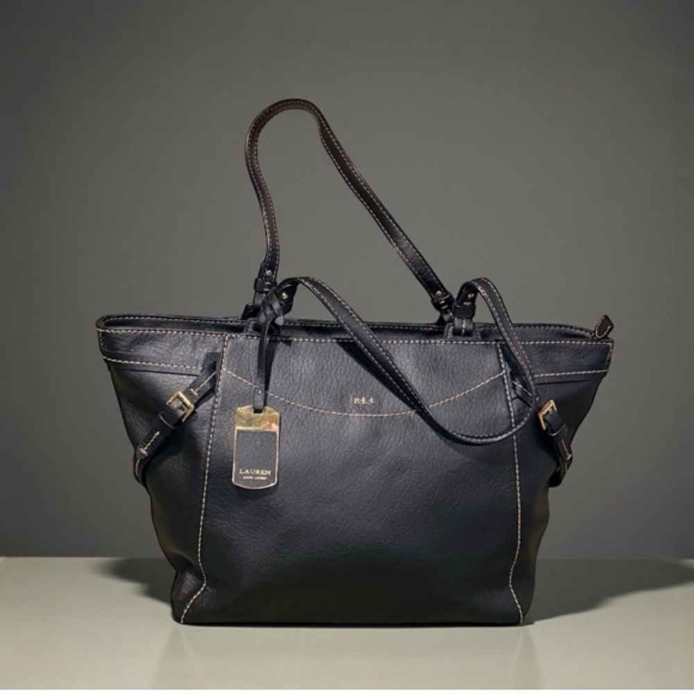 Lauren Ralph Lauren LRL Black Leather Sheldon Tote Handbag Shoulder Bag Purse